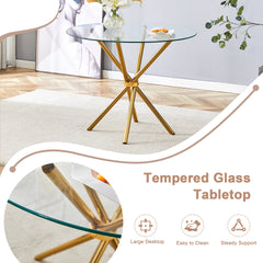 Round clear glass dining table with a unique shape for 4-6 people, with ring-shaped gathered gold metal legs, suitable for desks, kitchens, terraces, dining rooms. W1151P208338