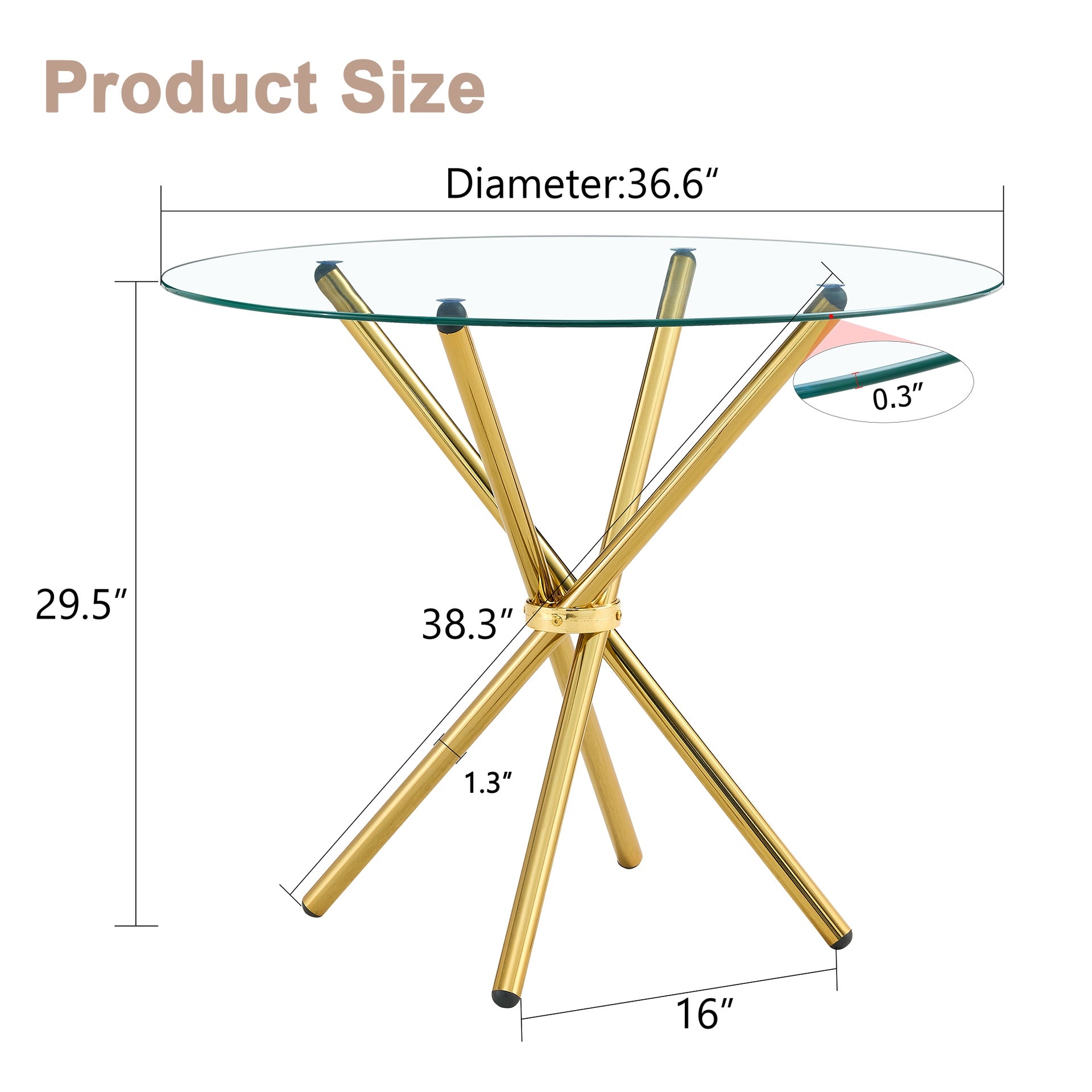 Round clear glass dining table with a unique shape for 4-6 people, with ring-shaped gathered gold metal legs, suitable for desks, kitchens, terraces, dining rooms. W1151P208338