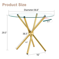 Round clear glass dining table with a unique shape for 4-6 people, with ring-shaped gathered gold metal legs, suitable for desks, kitchens, terraces, dining rooms. W1151P208338