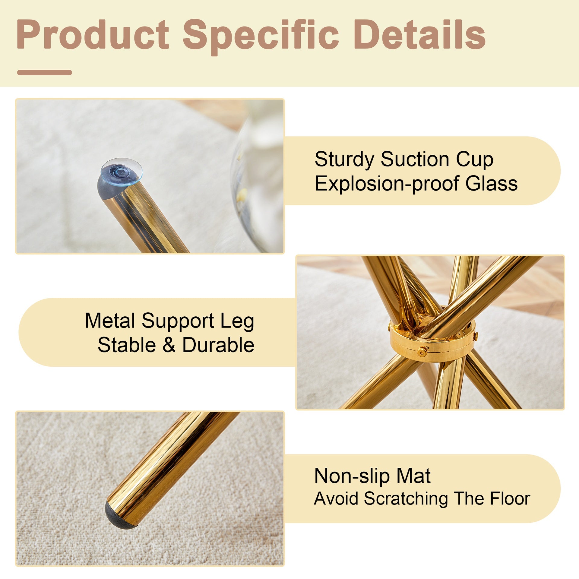 Round clear glass dining table with a unique shape for 4-6 people, with ring-shaped gathered gold metal legs, suitable for desks, kitchens, terraces, dining rooms. W1151P208338