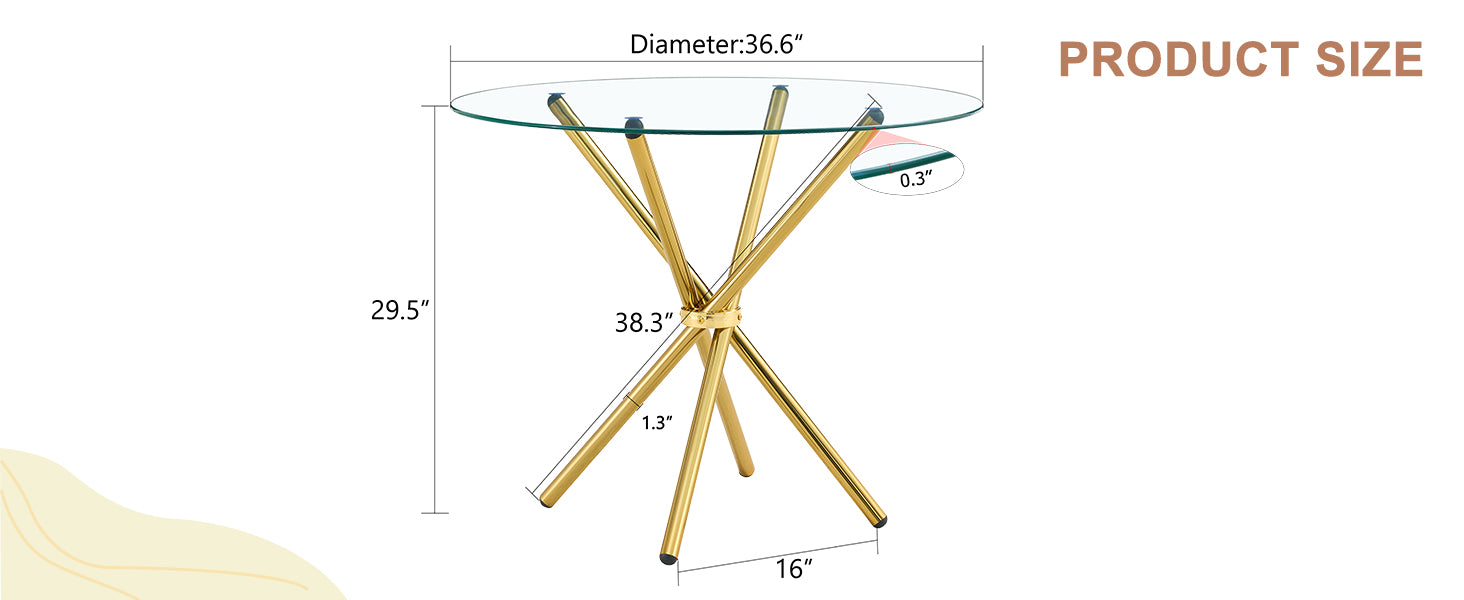 Round clear glass dining table with a unique shape for 4-6 people, with ring-shaped gathered gold metal legs, suitable for desks, kitchens, terraces, dining rooms. W1151P208338