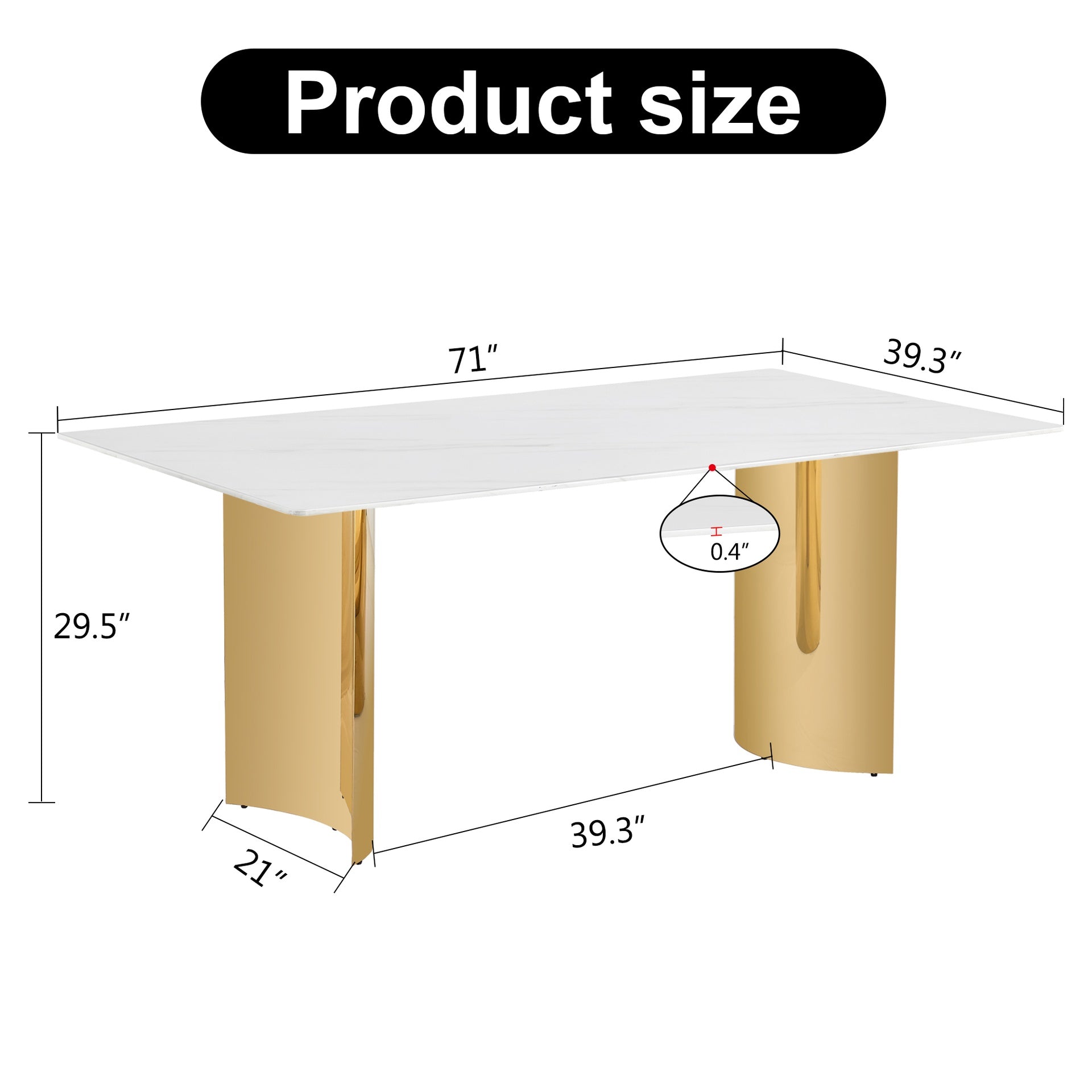 Modern minimalist dining table. The white imitation marble glass desktop is equipped with golden metal legs. Suitable for restaurants and living rooms 71 "* 39.3" * 29.5 "W1151S00602
