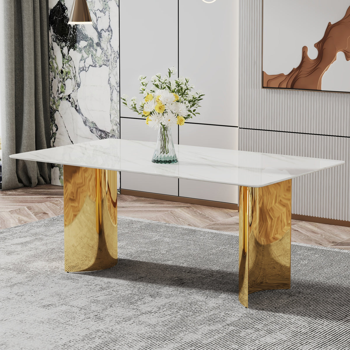 Modern minimalist dining table. The white imitation marble glass desktop is equipped with golden metal legs. Suitable for restaurants and living rooms 71 "* 39.3" * 29.5 "W1151S00602