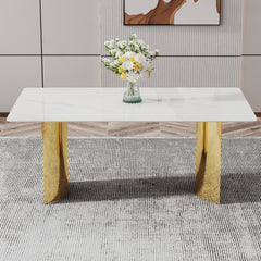 Modern minimalist dining table. The white imitation marble glass desktop is equipped with golden metal legs. Suitable for restaurants and living rooms 71 "* 39.3" * 29.5 "W1151S00602