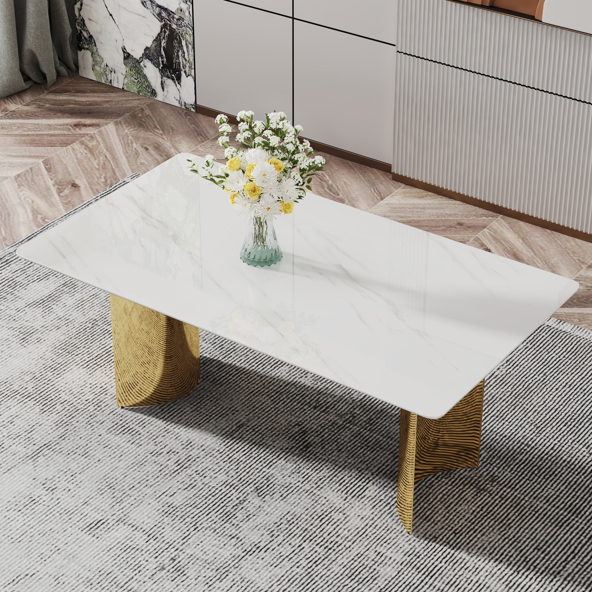 Modern minimalist dining table. The white imitation marble glass desktop is equipped with golden metal legs. Suitable for restaurants and living rooms 71 "* 39.3" * 29.5 "W1151S00602