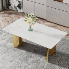 Modern minimalist dining table. The white imitation marble glass desktop is equipped with golden metal legs. Suitable for restaurants and living rooms 71 "* 39.3" * 29.5 "W1151S00602