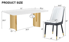 Table and chair set.The table has a glass top with imitation marble pattern stickers and stainless steel golden legs. Paried with 8 White and Dark Gray Spliced Color PU Dining Chairs.W1151S01573
