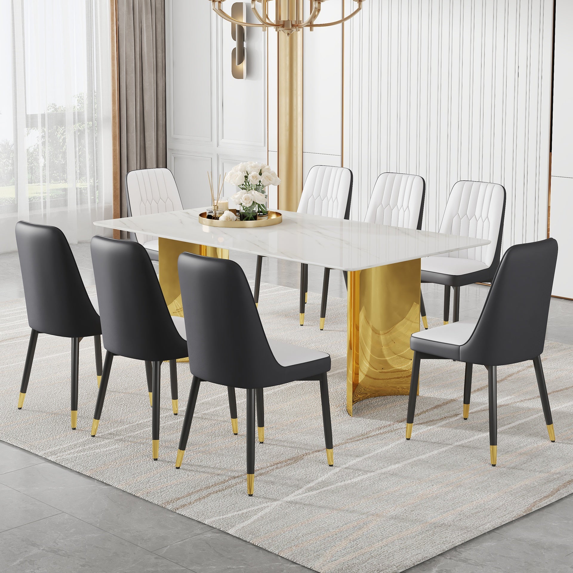 Table and chair set.The table has a glass top with imitation marble pattern stickers and stainless steel golden legs. Paried with 8 White and Dark Gray Spliced Color PU Dining Chairs.W1151S01573
