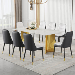 Table and chair set.The table has a glass top with imitation marble pattern stickers and stainless steel golden legs. Paried with 8 White and Dark Gray Spliced Color PU Dining Chairs.W1151S01573