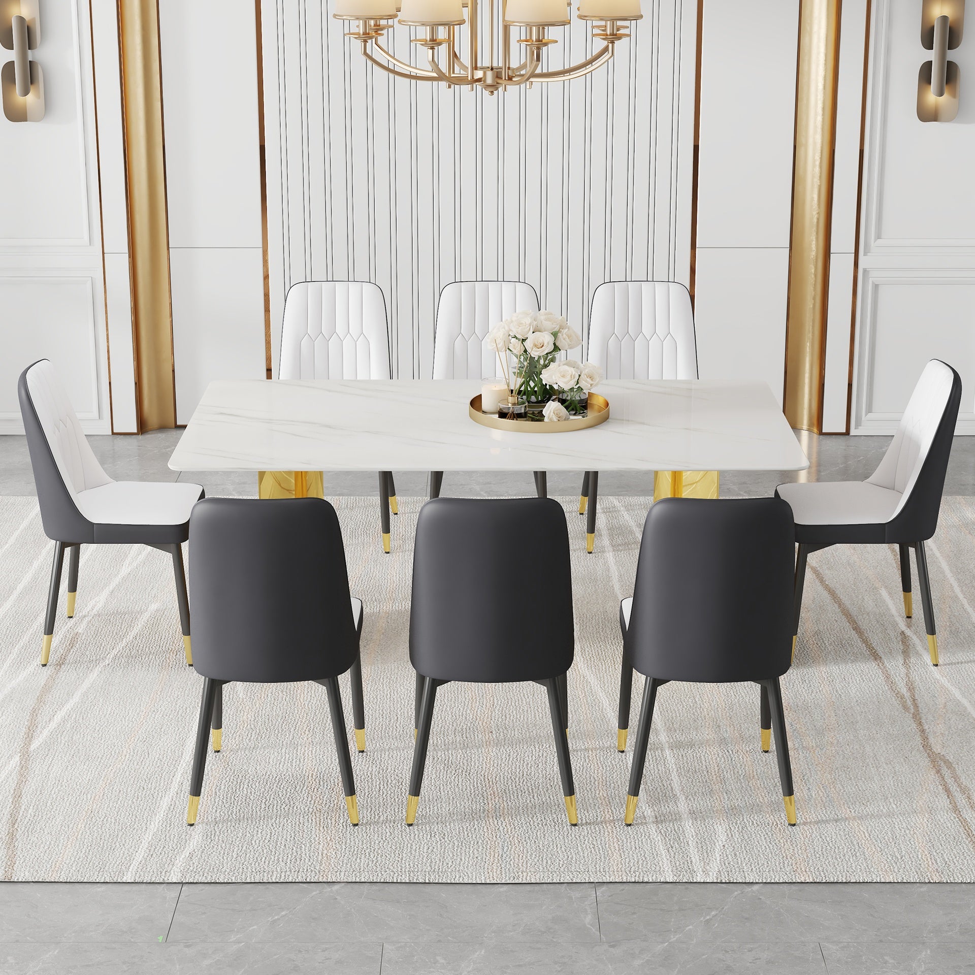 Table and chair set.The table has a glass top with imitation marble pattern stickers and stainless steel golden legs. Paried with 8 White and Dark Gray Spliced Color PU Dining Chairs.W1151S01573
