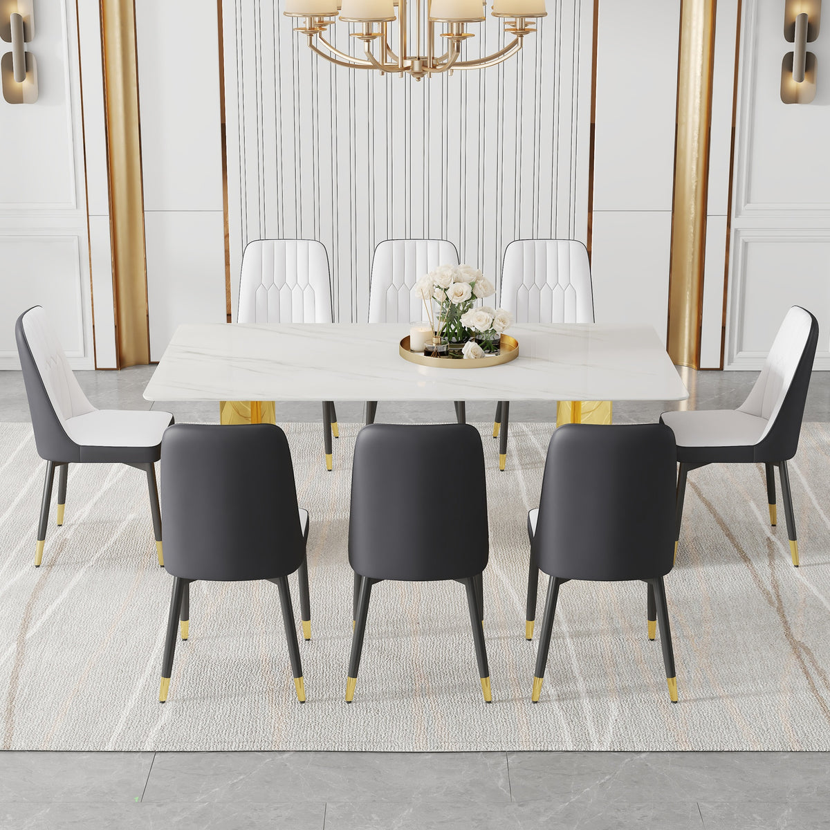 Table and chair set.The table has a glass top with imitation marble pattern stickers and stainless steel golden legs. Paried with 8 White and Dark Gray Spliced Color PU Dining Chairs.W1151S01573