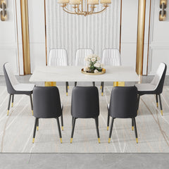 Table and chair set.The table has a glass top with imitation marble pattern stickers and stainless steel golden legs. Paried with 8 White and Dark Gray Spliced Color PU Dining Chairs.W1151S01573