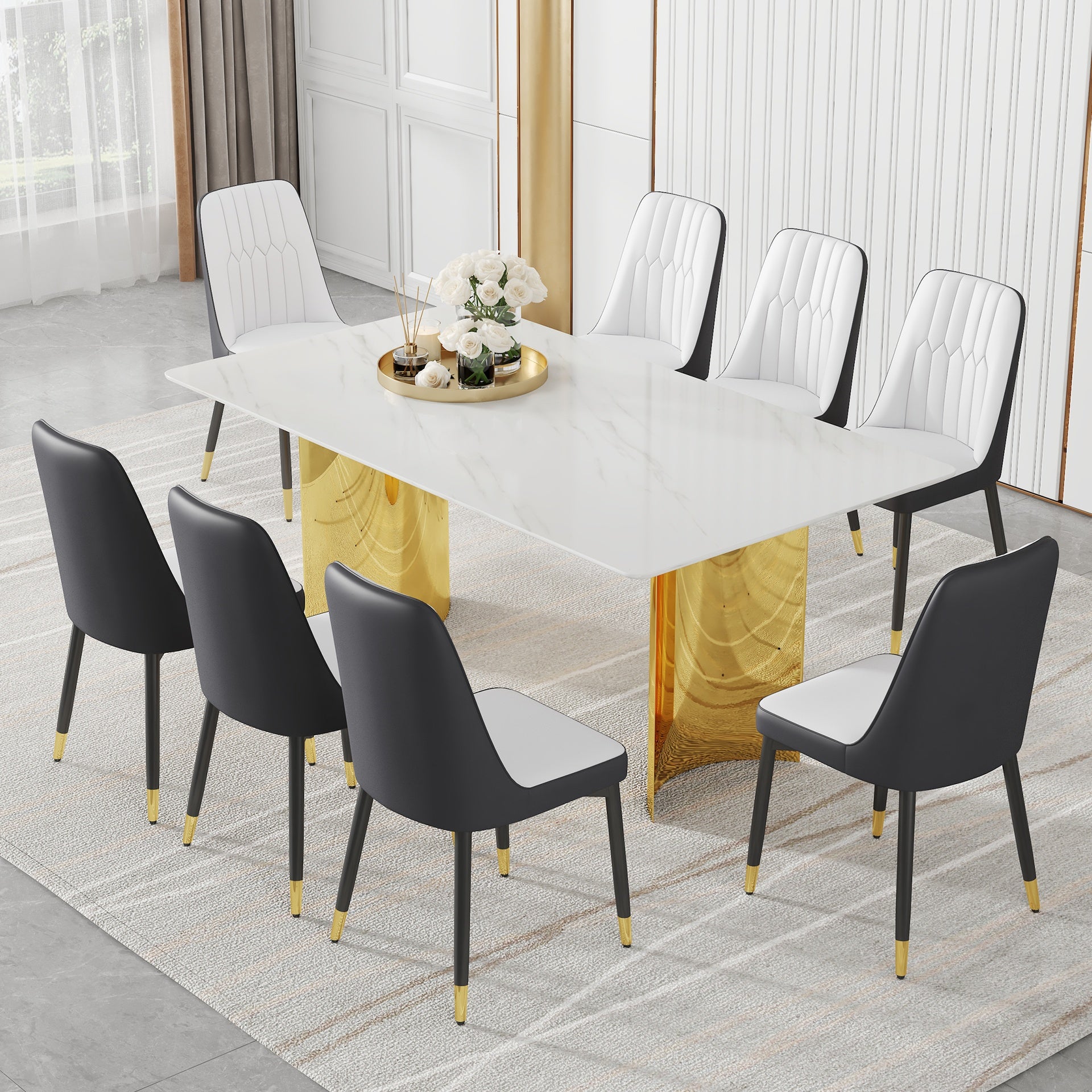 Table and chair set.The table has a glass top with imitation marble pattern stickers and stainless steel golden legs. Paried with 8 White and Dark Gray Spliced Color PU Dining Chairs.W1151S01573