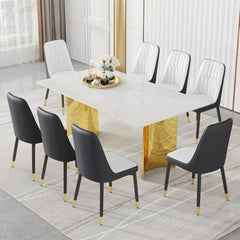 Table and chair set.The table has a glass top with imitation marble pattern stickers and stainless steel golden legs. Paried with 8 White and Dark Gray Spliced Color PU Dining Chairs.W1151S01573