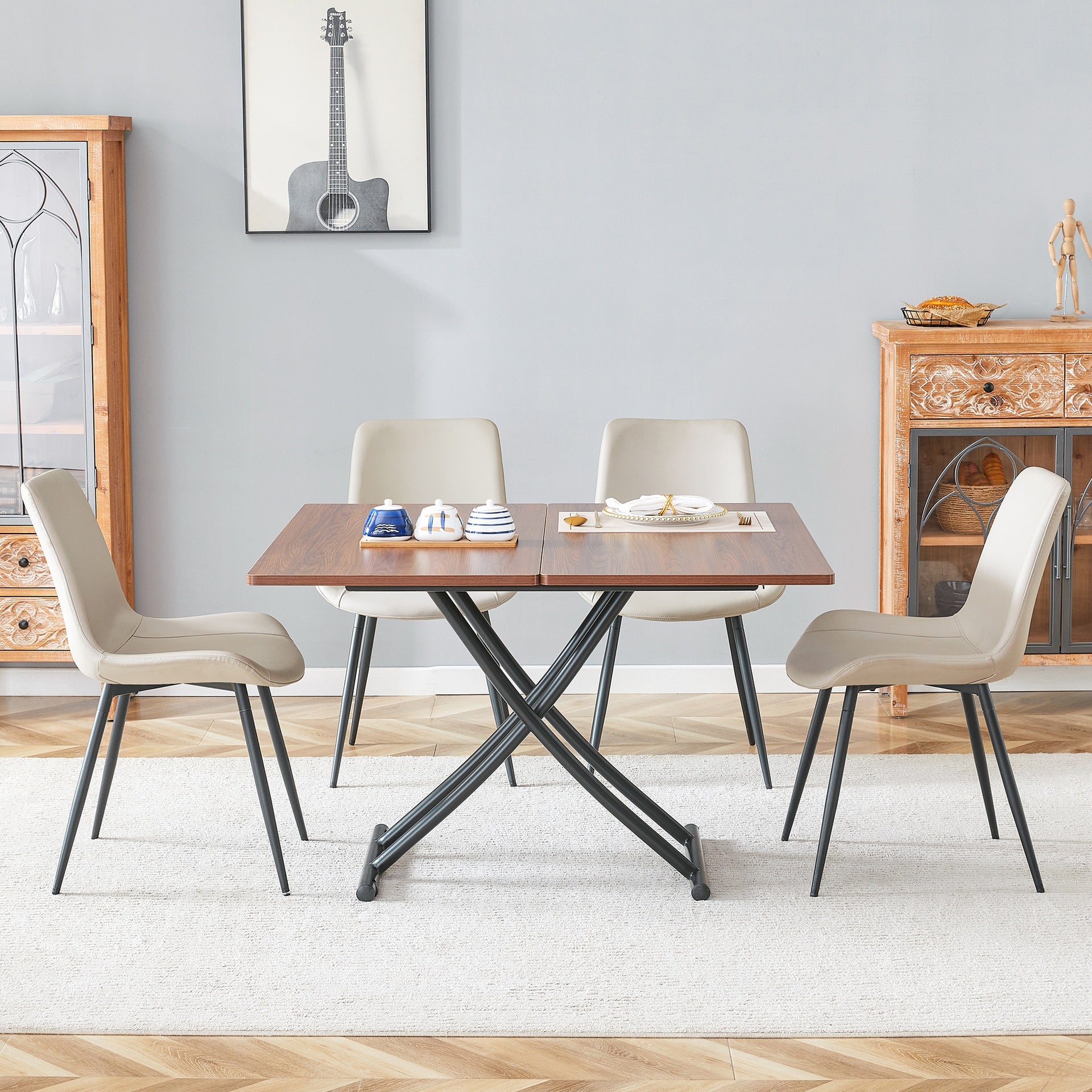 Table and chair set.Modern Multifunctional Lifting Platform,Walnut Wood Grain Sticker MDF Desktop, Black Metal Legs.Paired with 4 Warm Gray Artificial PU Chairs With Curved Widened Cushion Design.
