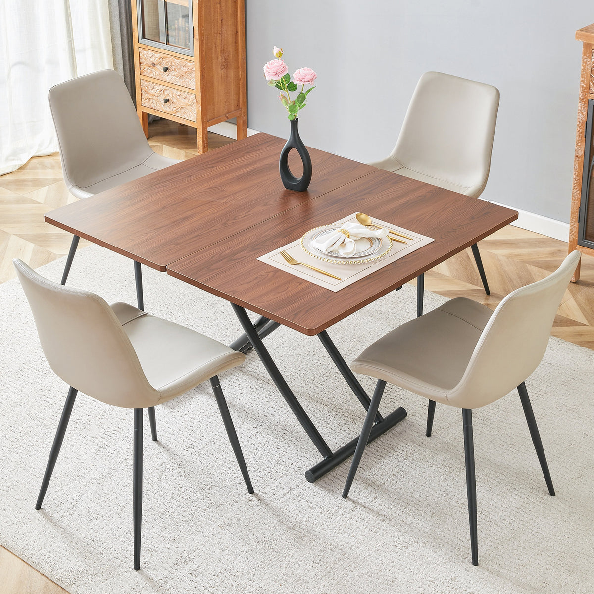 Table and chair set.Modern Multifunctional Lifting Platform,Walnut Wood Grain Sticker MDF Desktop, Black Metal Legs.Paired with 4 Warm Gray Artificial PU Chairs With Curved Widened Cushion Design.