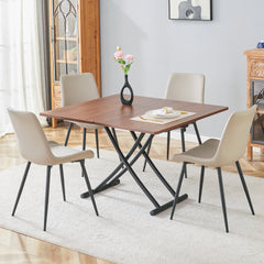 Table and chair set.Modern Multifunctional Lifting Platform,Walnut Wood Grain Sticker MDF Desktop, Black Metal Legs.Paired with 4 Warm Gray Artificial PU Chairs With Curved Widened Cushion Design.