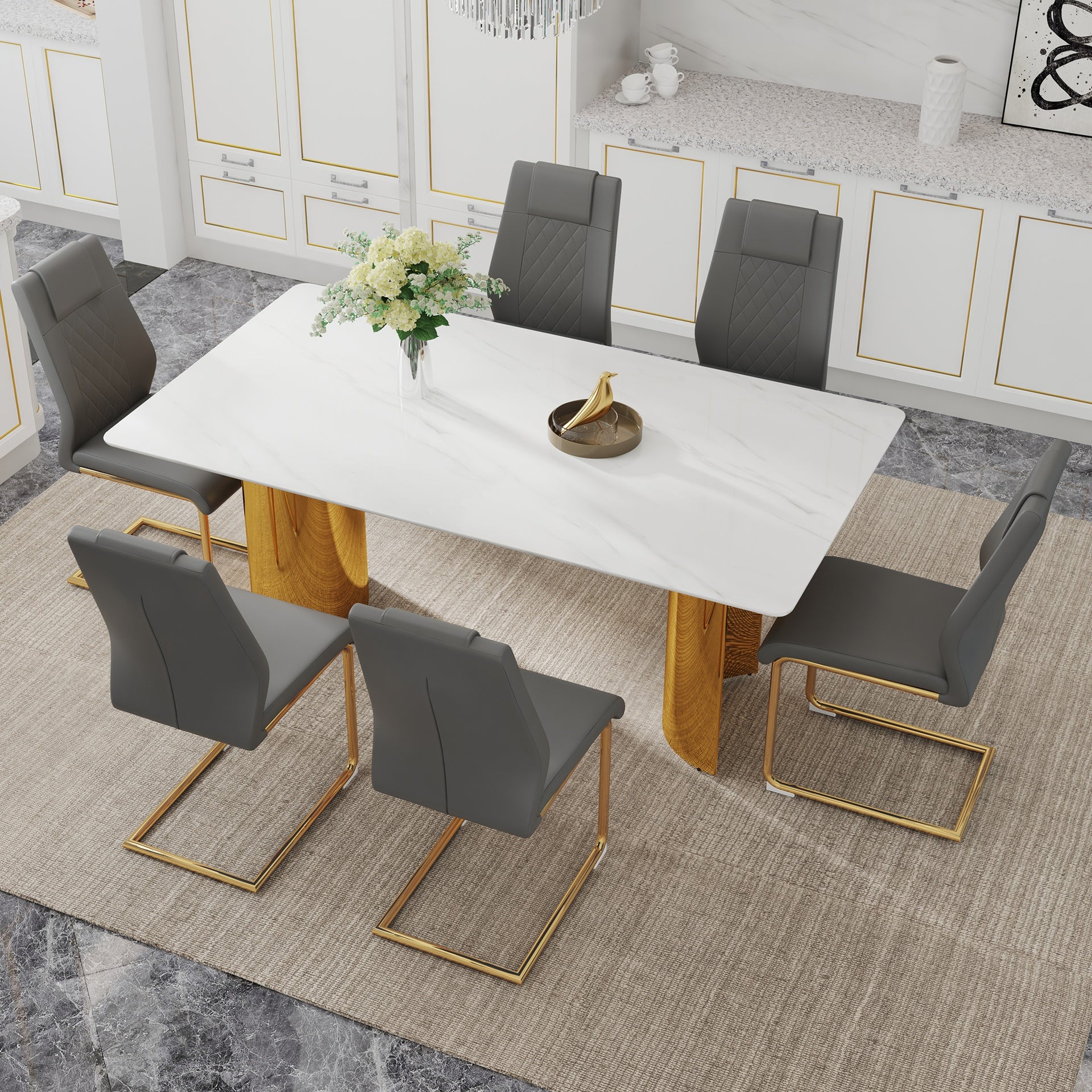 Table and chair set.The table has a glass tabletop with imitation marble pattern sticker and stainless steel golden table legs.Paried with 6 comfortable chairs with PU seats and metal legs.W1151S01529