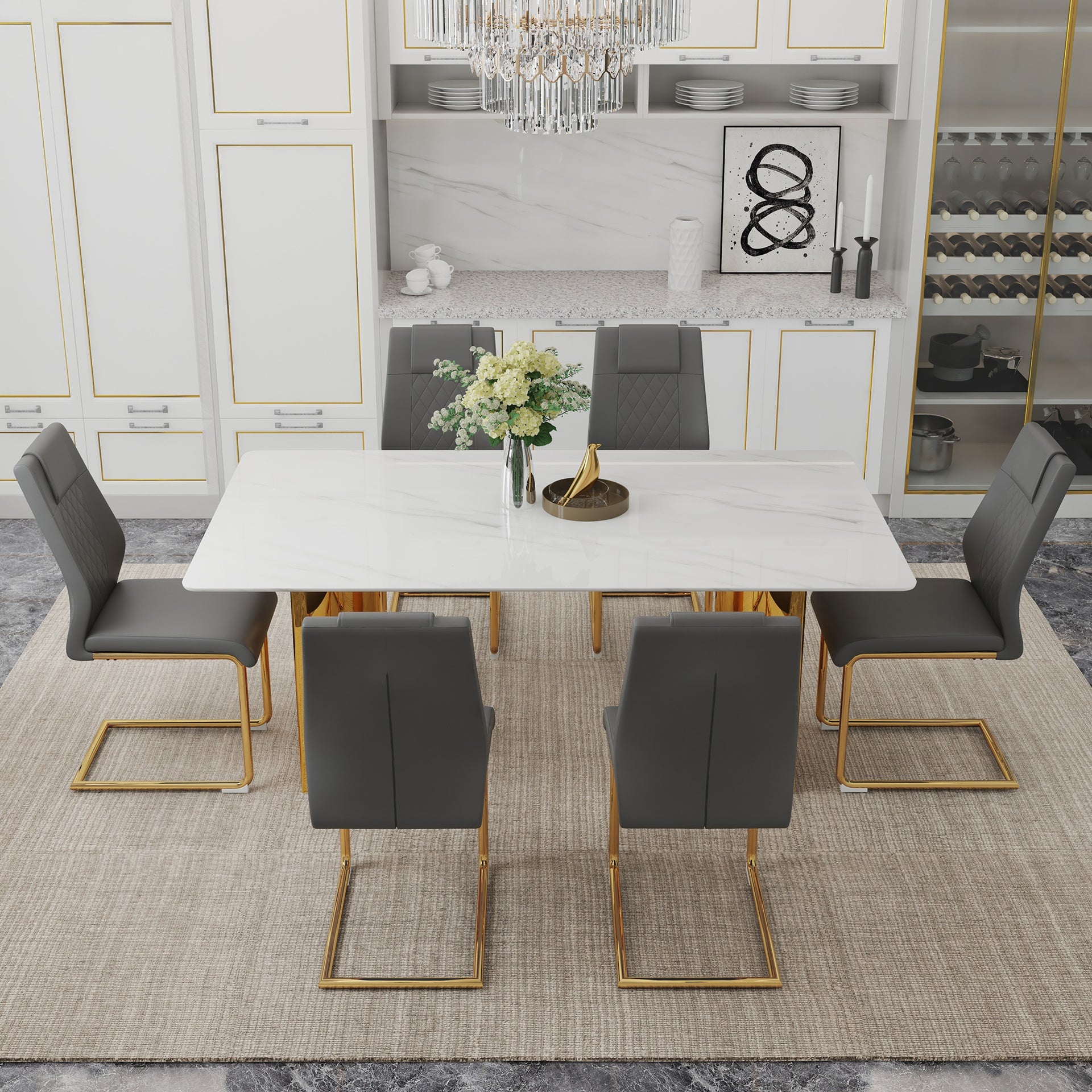 Table and chair set.The table has a glass tabletop with imitation marble pattern sticker and stainless steel golden table legs.Paried with 6 comfortable chairs with PU seats and metal legs.W1151S01529