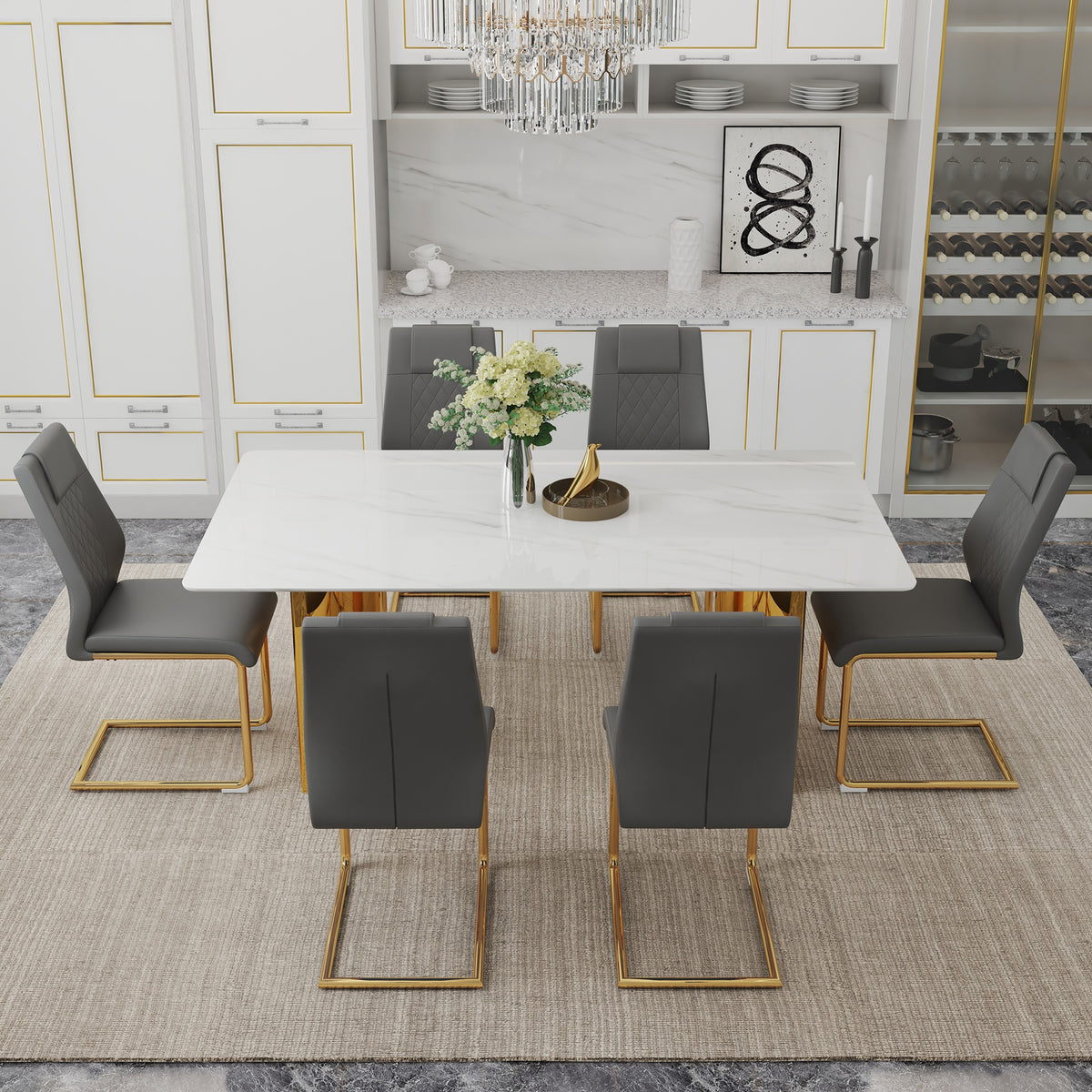 Table and chair set.The table has a glass tabletop with imitation marble pattern sticker and stainless steel golden table legs.Paried with 6 comfortable chairs with PU seats and metal legs.W1151S01529