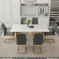 Table and chair set.The table has a glass tabletop with imitation marble pattern sticker and stainless steel golden table legs.Paried with 6 comfortable chairs with PU seats and metal legs.W1151S01529