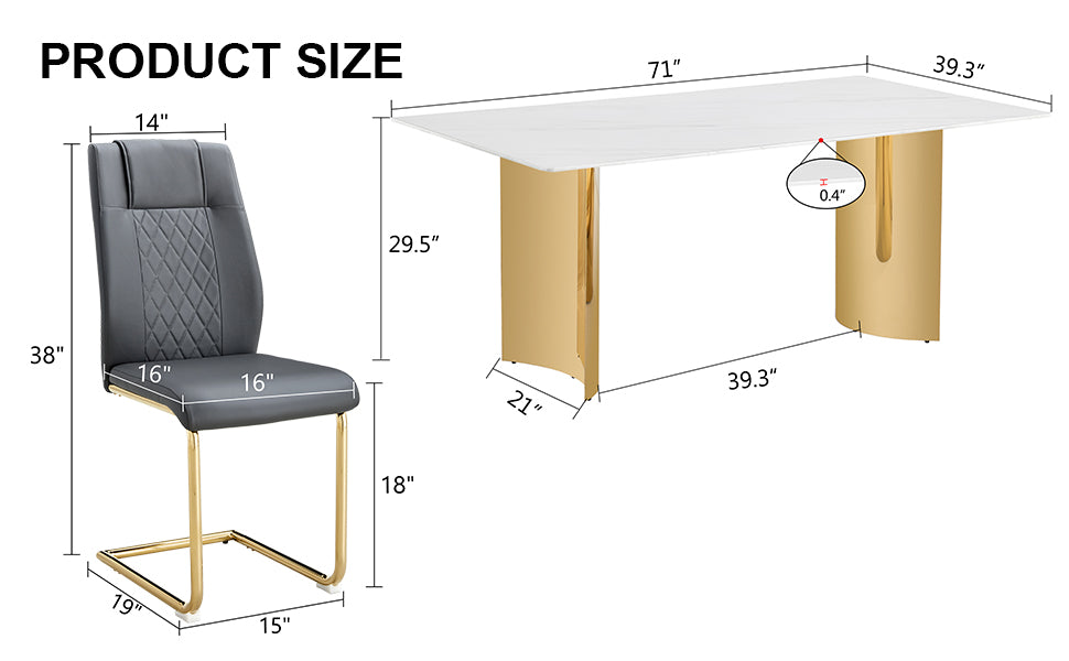 Table and chair set.The table has a glass tabletop with imitation marble pattern sticker and stainless steel golden table legs.Paried with 6 comfortable chairs with PU seats and metal legs.W1151S01529