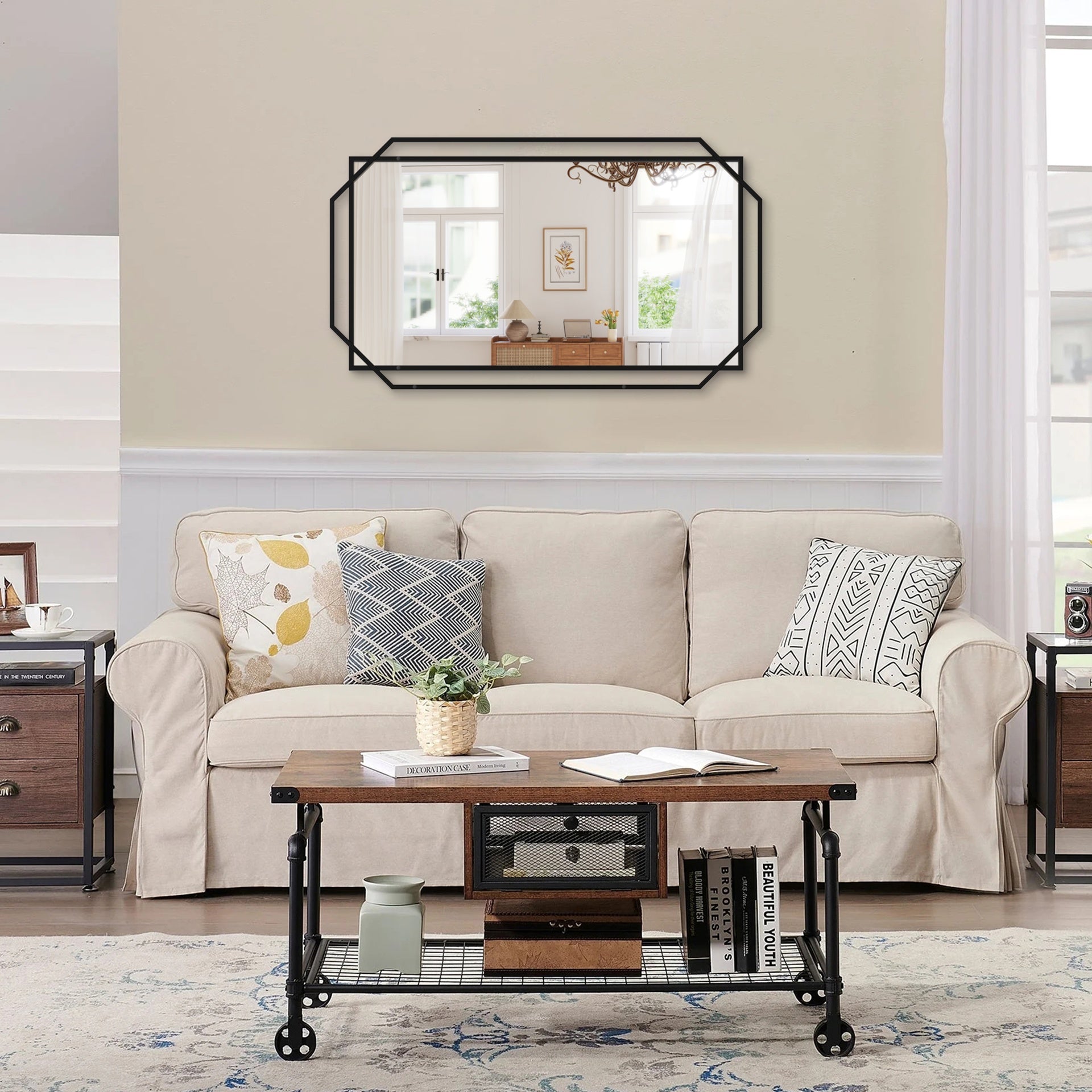 30X44 Ines Modern Vanity Mirror with Multi-functional Shelf, Large bathroom Mirror, Black Frame Decoration Mirror, Suitable for Bathroom, Living Room, Bedroom