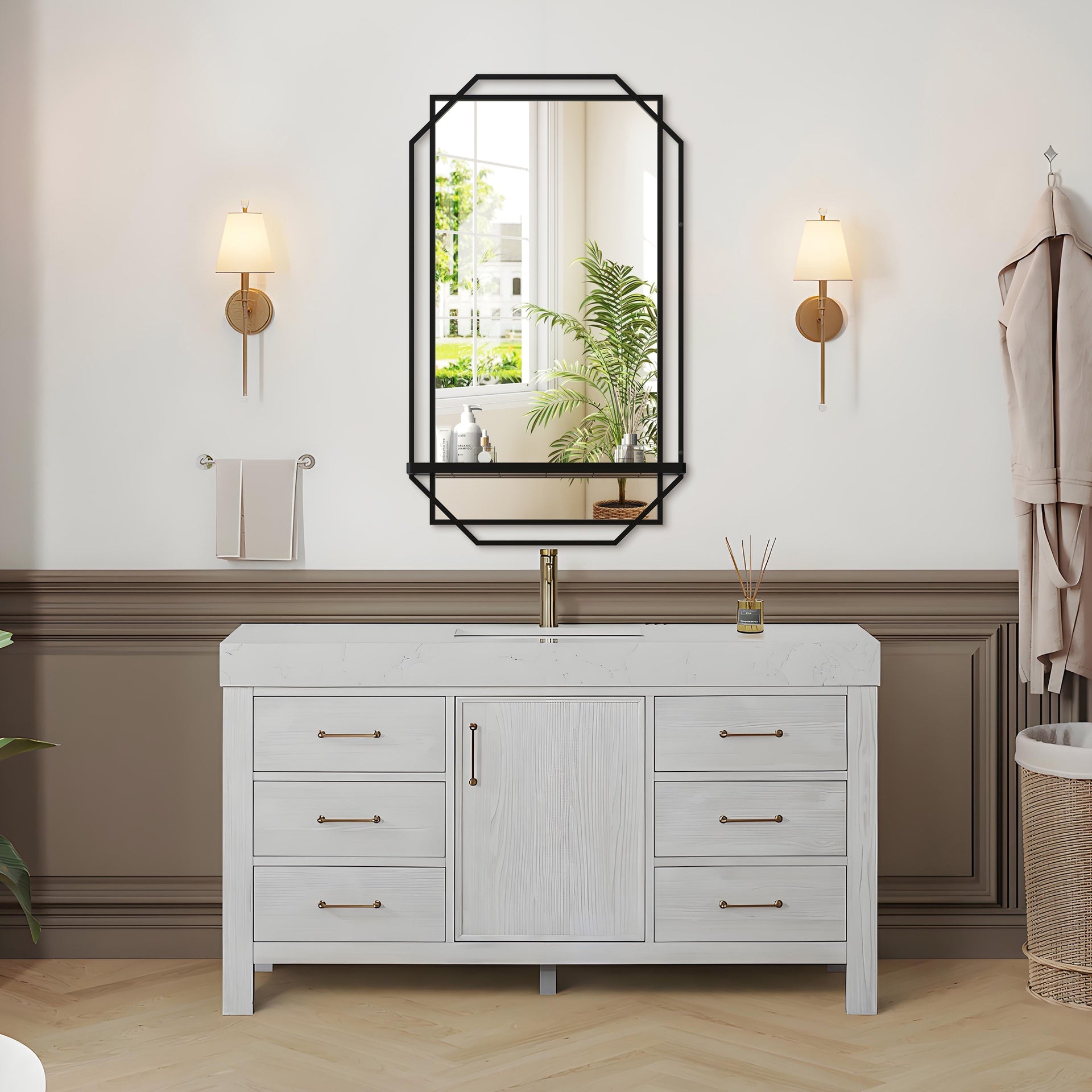 30X44 Ines Modern Vanity Mirror with Multi-functional Shelf, Large bathroom Mirror, Black Frame Decoration Mirror, Suitable for Bathroom, Living Room, Bedroom
