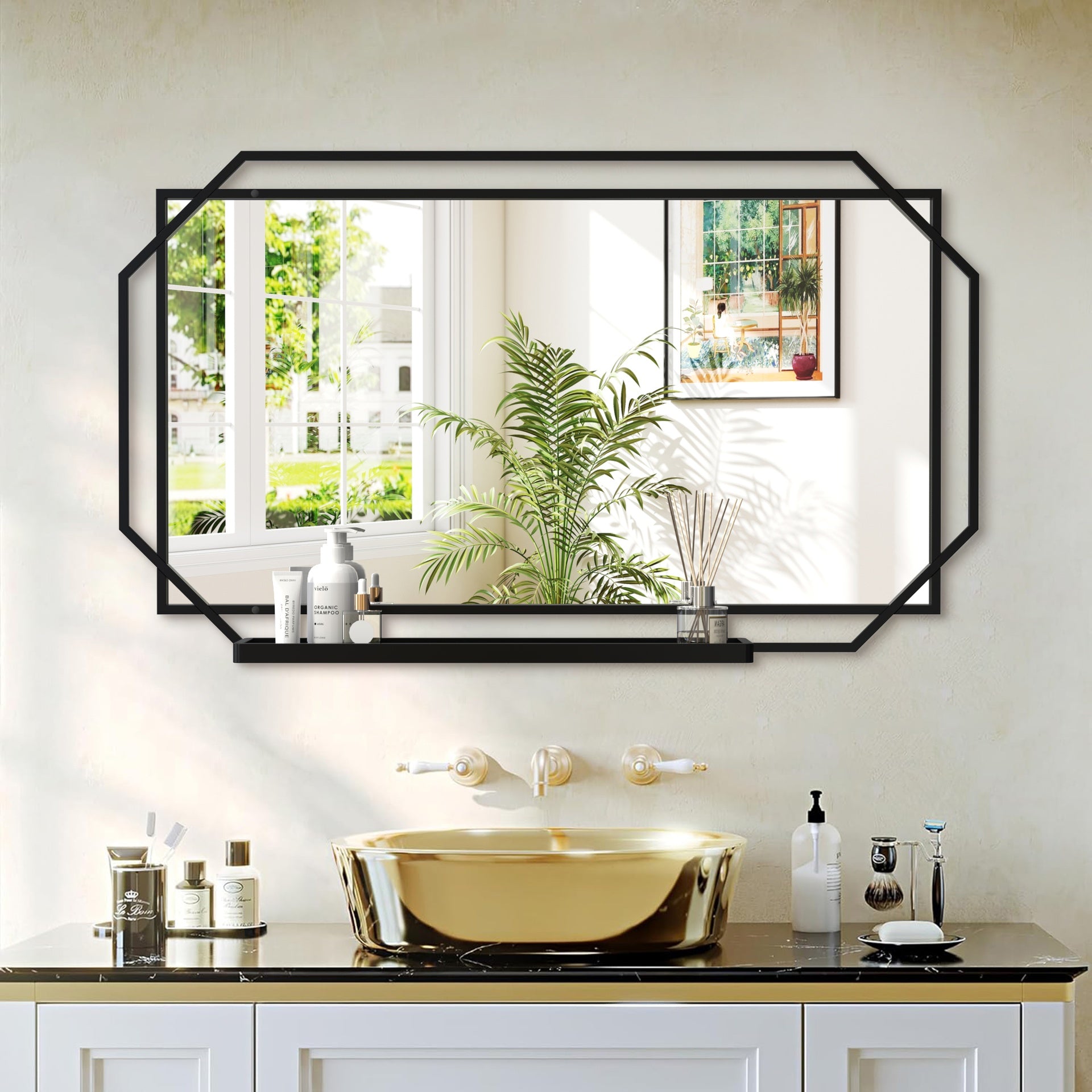 30X44 Ines Modern Vanity Mirror with Multi-functional Shelf, Large bathroom Mirror, Black Frame Decoration Mirror, Suitable for Bathroom, Living Room, Bedroom