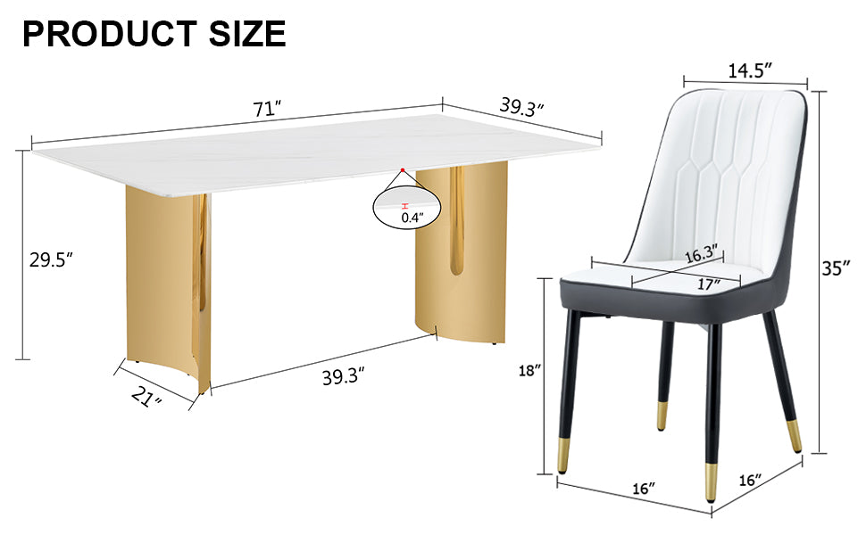 Table and chair set.The table has a glass top with imitation marble pattern stickers and stainless steel golden legs. Paried with 6 White and Dark Gray Spliced Color PU Dining Chairs.W1151S01571