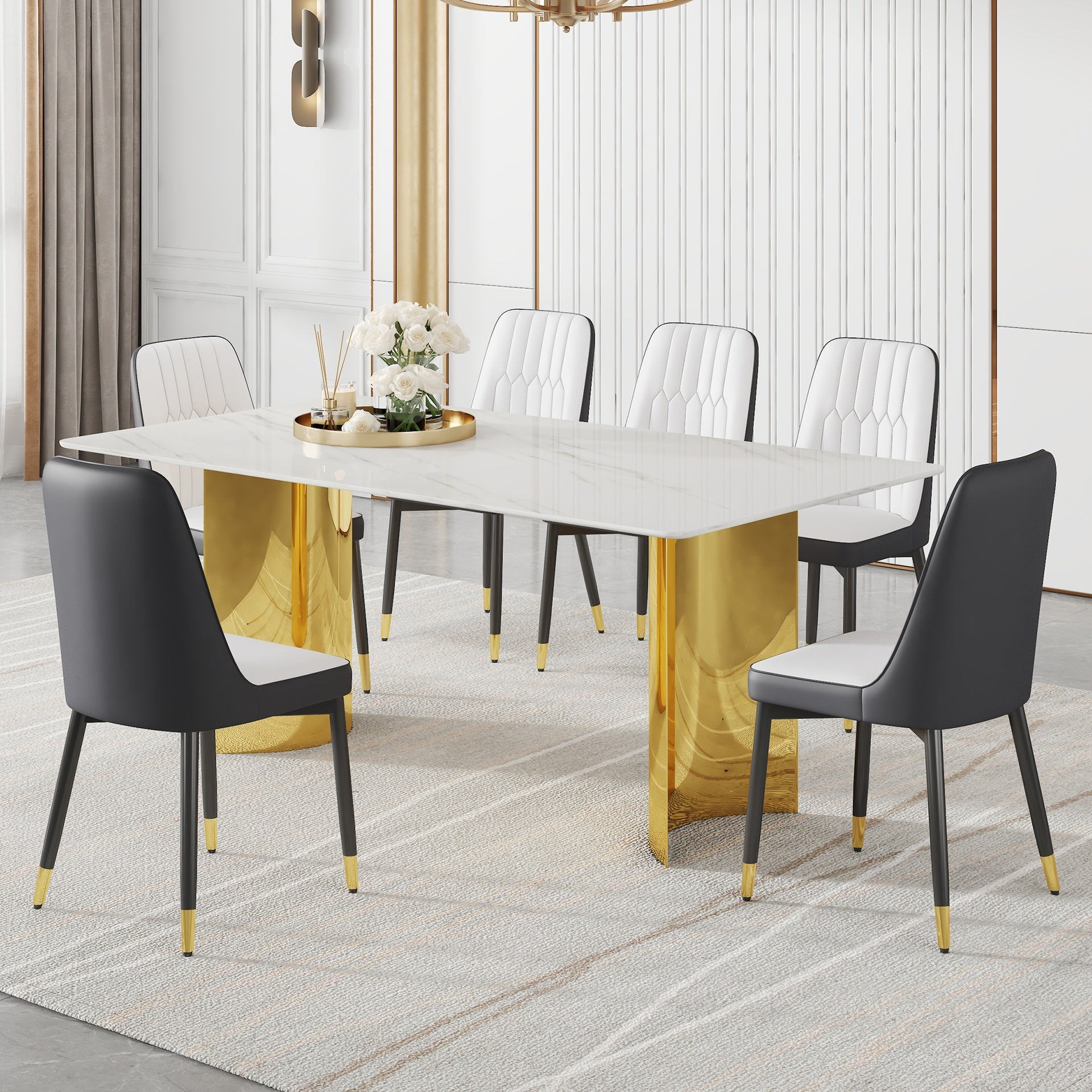 Table and chair set.The table has a glass top with imitation marble pattern stickers and stainless steel golden legs. Paried with 6 White and Dark Gray Spliced Color PU Dining Chairs.W1151S01571