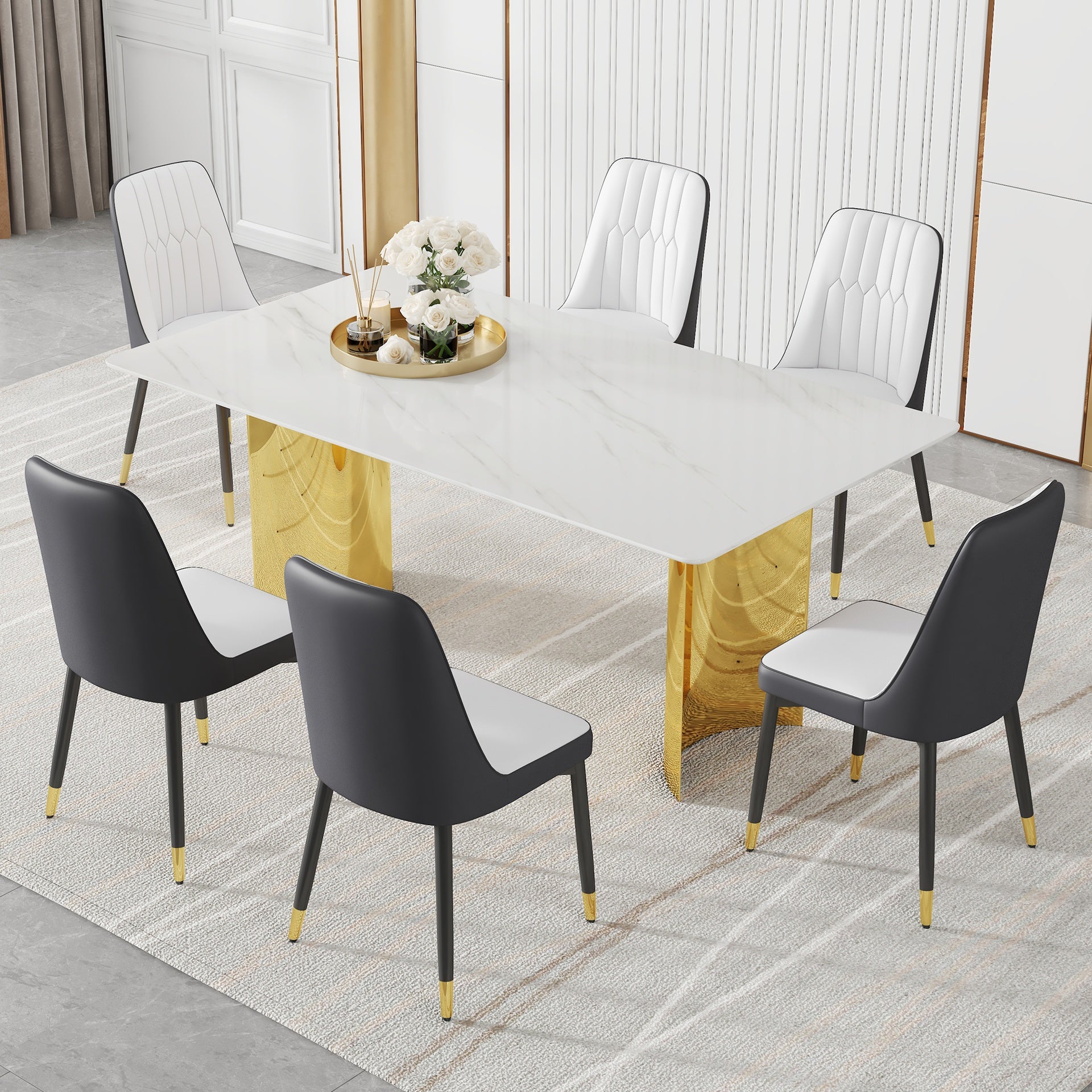 Table and chair set.The table has a glass top with imitation marble pattern stickers and stainless steel golden legs. Paried with 6 White and Dark Gray Spliced Color PU Dining Chairs.W1151S01571