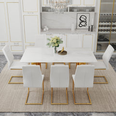 Table and chair set.The table has a glass tabletop with imitation marble pattern sticker and stainless steel golden table legs.Paried with 8 comfortable chairs with PU seats and metal legs.W1151S01525