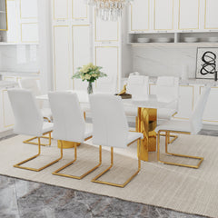 Table and chair set.The table has a glass tabletop with imitation marble pattern sticker and stainless steel golden table legs.Paried with 8 comfortable chairs with PU seats and metal legs.W1151S01525