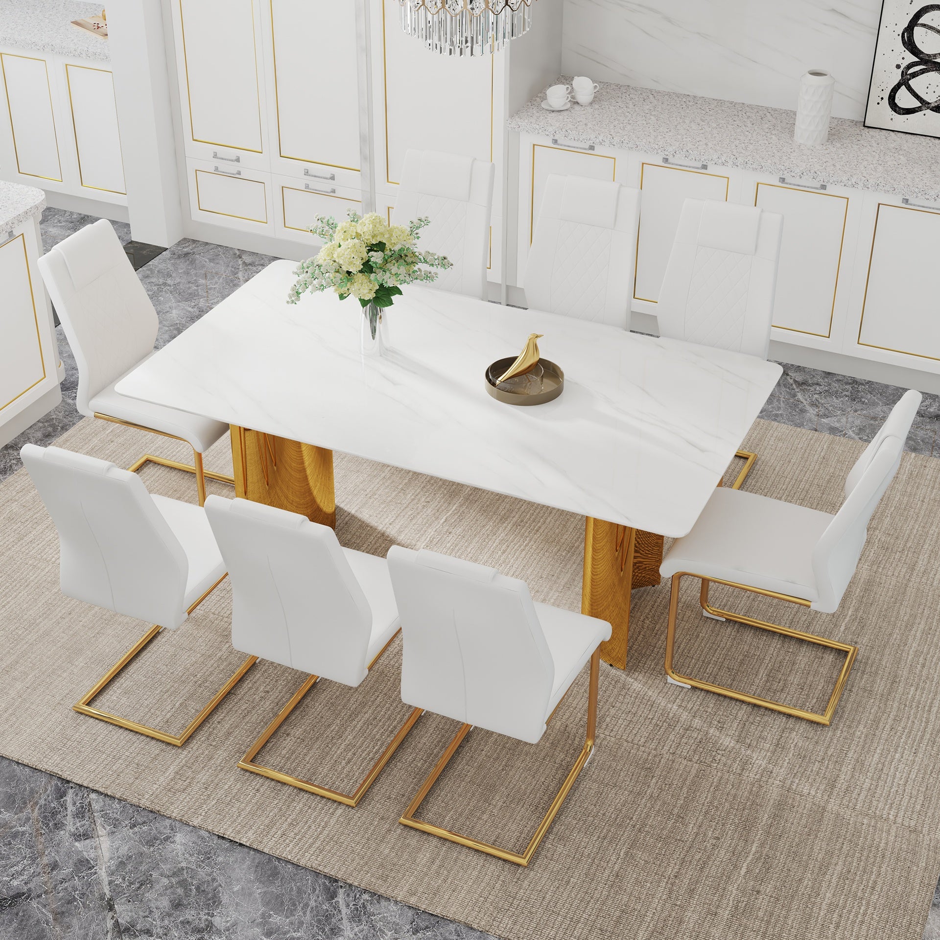 Table and chair set.The table has a glass tabletop with imitation marble pattern sticker and stainless steel golden table legs.Paried with 8 comfortable chairs with PU seats and metal legs.W1151S01525