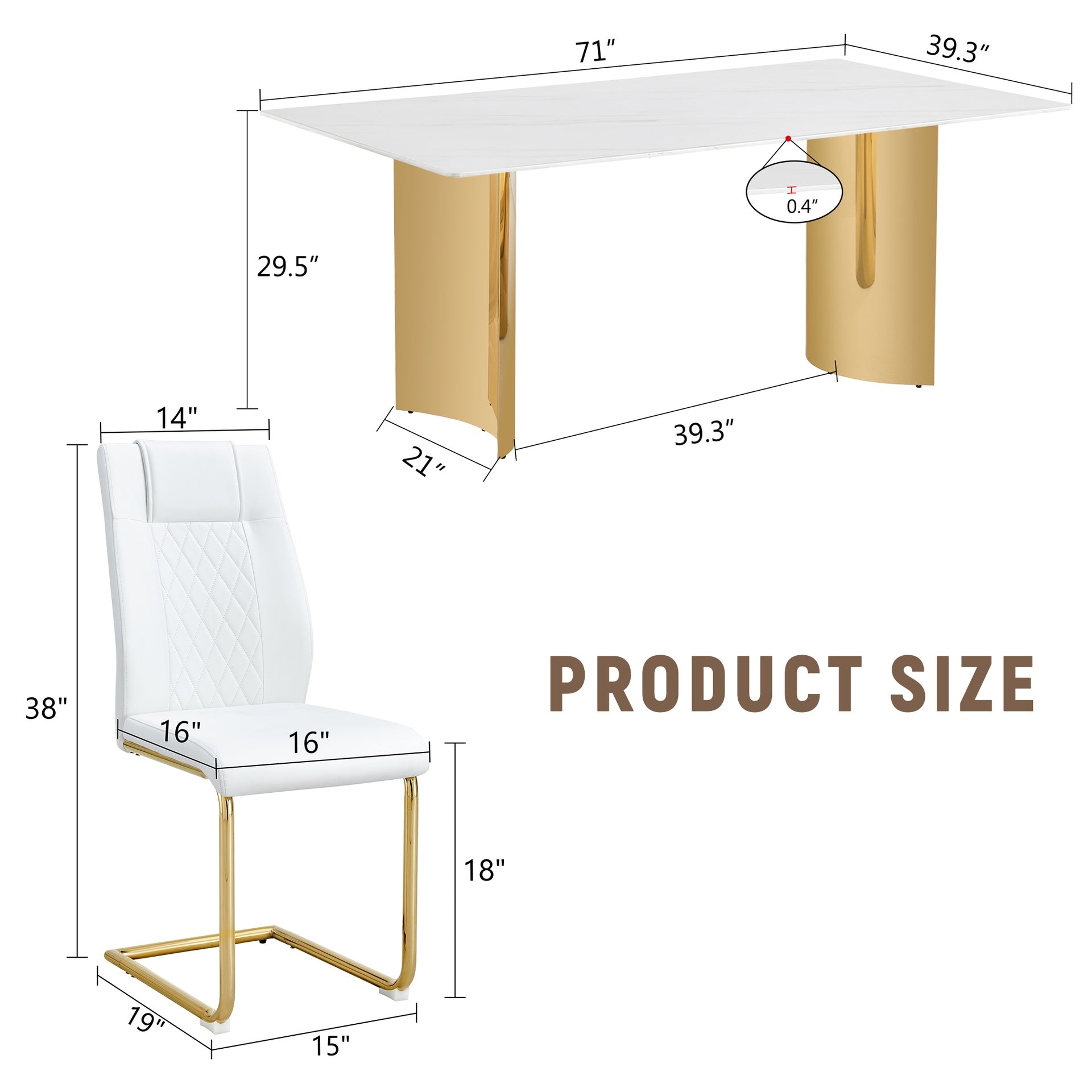 Table and chair set.The table has a glass tabletop with imitation marble pattern sticker and stainless steel golden table legs.Paried with 8 comfortable chairs with PU seats and metal legs.W1151S01525