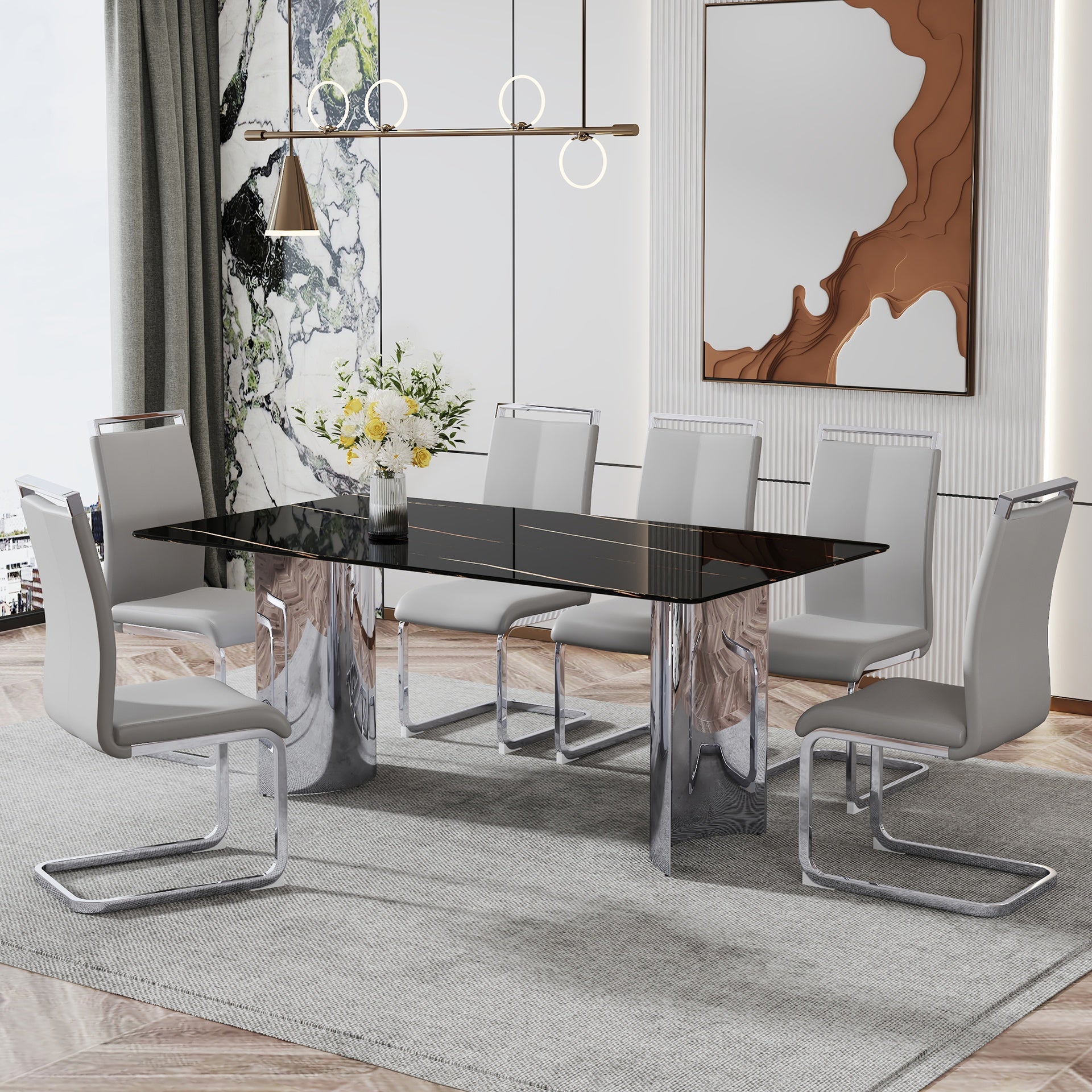 Table and chair set.The table has a glass top with imitation marble pattern stickers and stainless steel silver legs.Paired with 6 Light Gray PU Chairs with Silver C-tube Metal Leg.