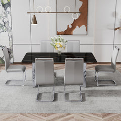 Table and chair set.The table has a glass top with imitation marble pattern stickers and stainless steel silver legs.Paired with 6 Light Gray PU Chairs with Silver C-tube Metal Leg.