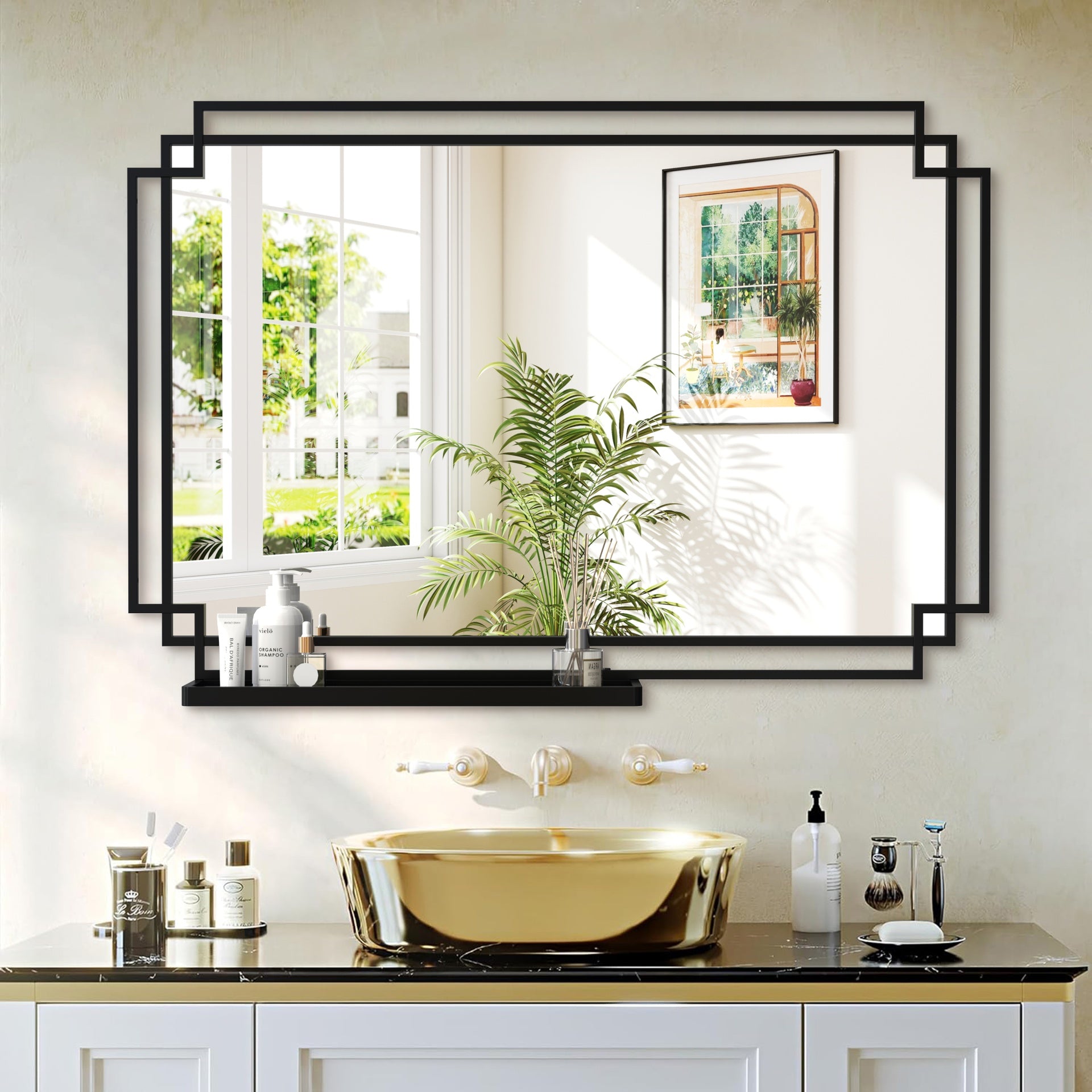 30X44 Ines Modern Vanity Mirror with Multi-functional Shelf, Large bathroom Mirror, Black Frame Decoration Mirror, Suitable for Bathroom, Living Room, Bedroom