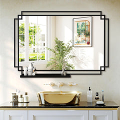 30X44 Ines Modern Vanity Mirror with Multi-functional Shelf, Large bathroom Mirror, Black Frame Decoration Mirror, Suitable for Bathroom, Living Room, Bedroom