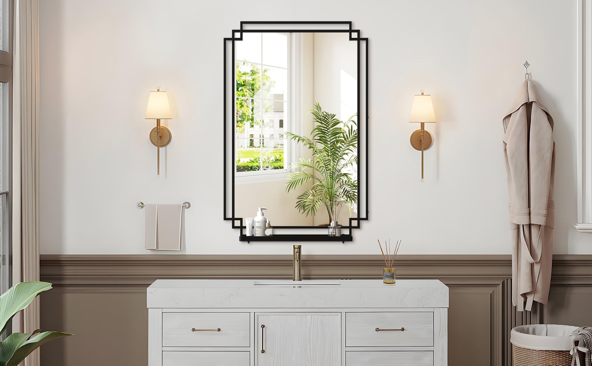 30X44 Ines Modern Vanity Mirror with Multi-functional Shelf, Large bathroom Mirror, Black Frame Decoration Mirror, Suitable for Bathroom, Living Room, Bedroom