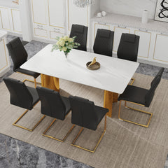 Table and chair set.The table has a glass tabletop with imitation marble pattern sticker and stainless steel golden table legs.Paried with 8 comfortable chairs with PU seats and metal legs.W1151S01527