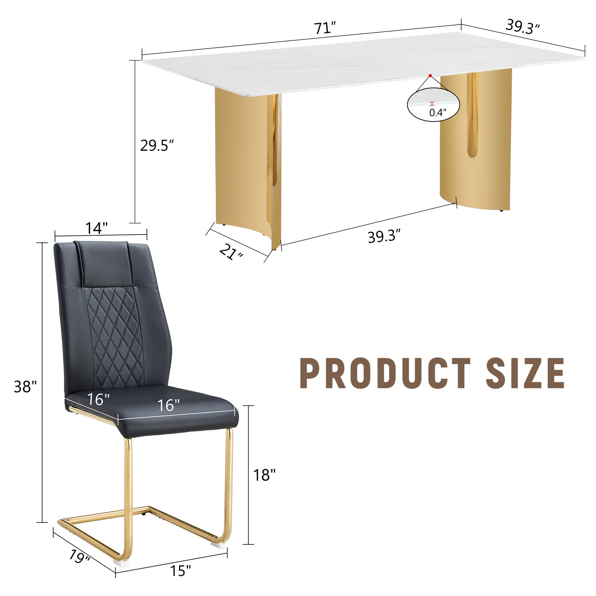 Table and chair set.The table has a glass tabletop with imitation marble pattern sticker and stainless steel golden table legs.Paried with 8 comfortable chairs with PU seats and metal legs.W1151S01527