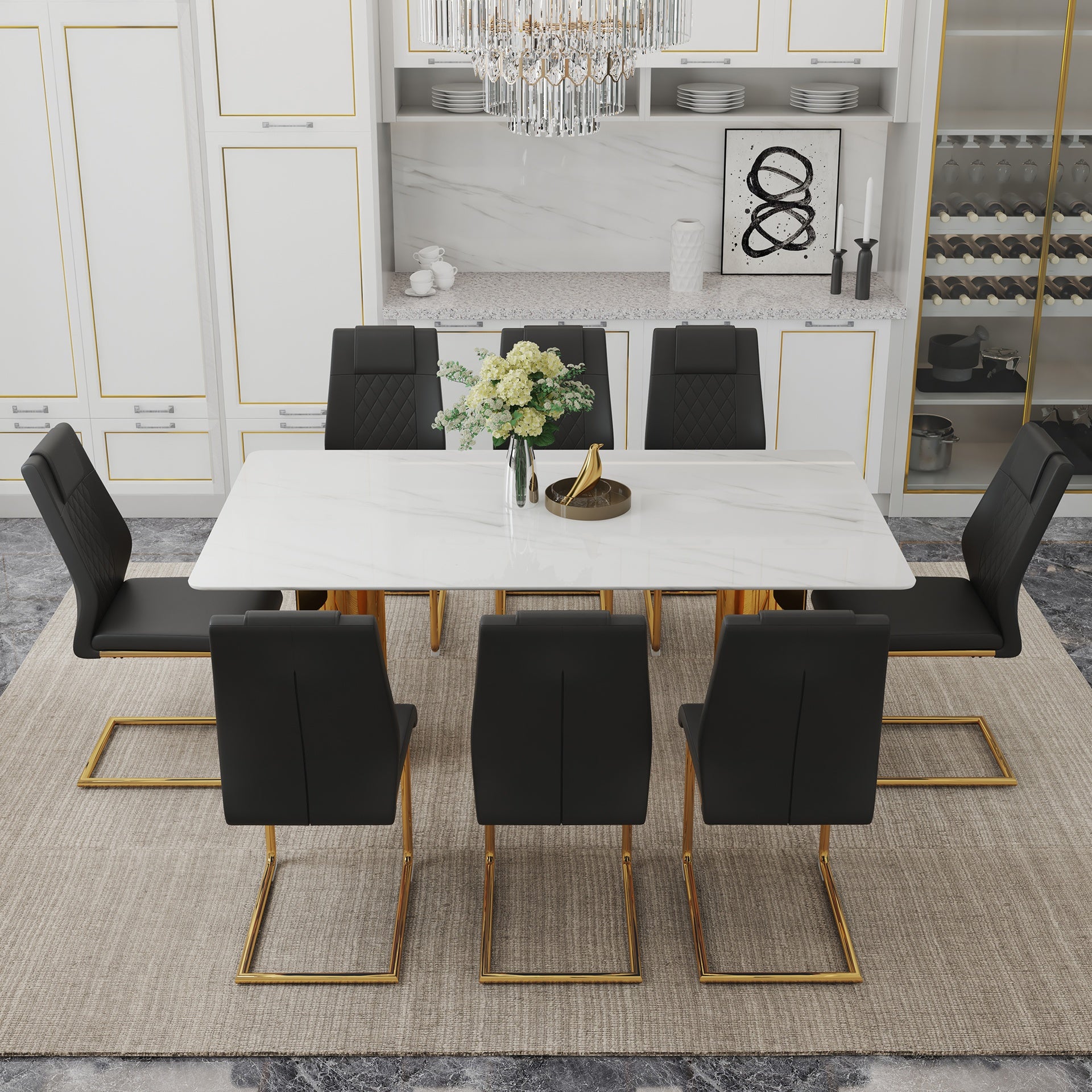 Table and chair set.The table has a glass tabletop with imitation marble pattern sticker and stainless steel golden table legs.Paried with 8 comfortable chairs with PU seats and metal legs.W1151S01527