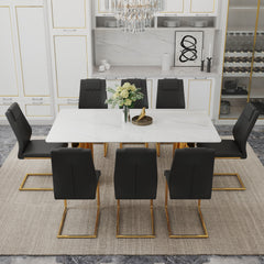 Table and chair set.The table has a glass tabletop with imitation marble pattern sticker and stainless steel golden table legs.Paried with 8 comfortable chairs with PU seats and metal legs.W1151S01527