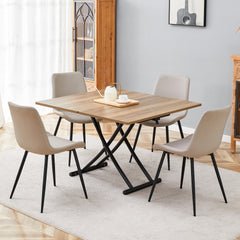 Table and chair set.Modern Multifunctional Lifting Platform,Natural Wood Grain Sticker MDF Desktop, Black Metal Legs.Paired with 4 Warm Gray Artificial PU Chairs With Curved Widened Cushion Design.