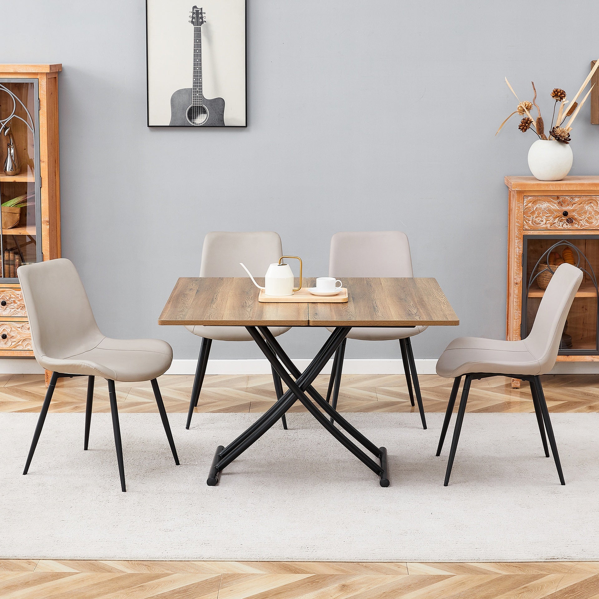 Table and chair set.Modern Multifunctional Lifting Platform,Natural Wood Grain Sticker MDF Desktop, Black Metal Legs.Paired with 4 Warm Gray Artificial PU Chairs With Curved Widened Cushion Design.