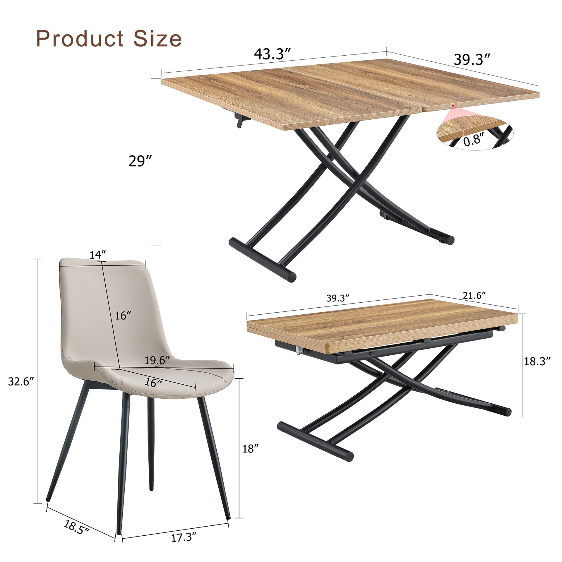 Table and chair set.Modern Multifunctional Lifting Platform,Natural Wood Grain Sticker MDF Desktop, Black Metal Legs.Paired with 4 Warm Gray Artificial PU Chairs With Curved Widened Cushion Design.