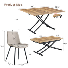 Table and chair set.Modern Multifunctional Lifting Platform,Natural Wood Grain Sticker MDF Desktop, Black Metal Legs.Paired with 4 Warm Gray Artificial PU Chairs With Curved Widened Cushion Design.