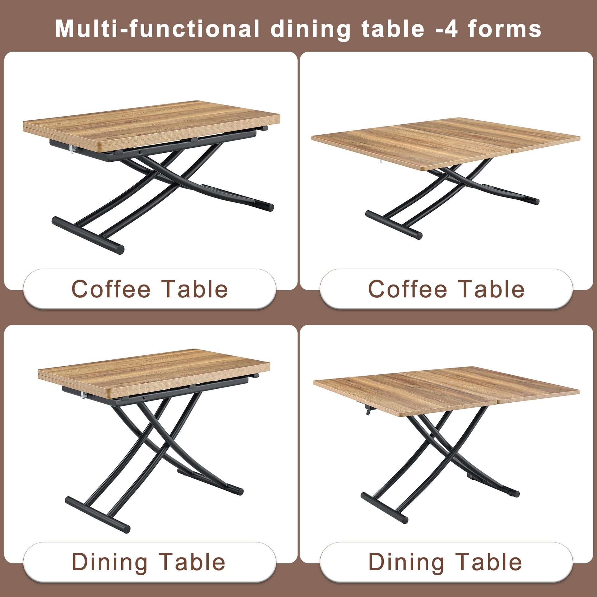 Table and chair set.Modern Multifunctional Lifting Platform,Natural Wood Grain Sticker MDF Desktop, Black Metal Legs.Paired with 4 Warm Gray Artificial PU Chairs With Curved Widened Cushion Design.